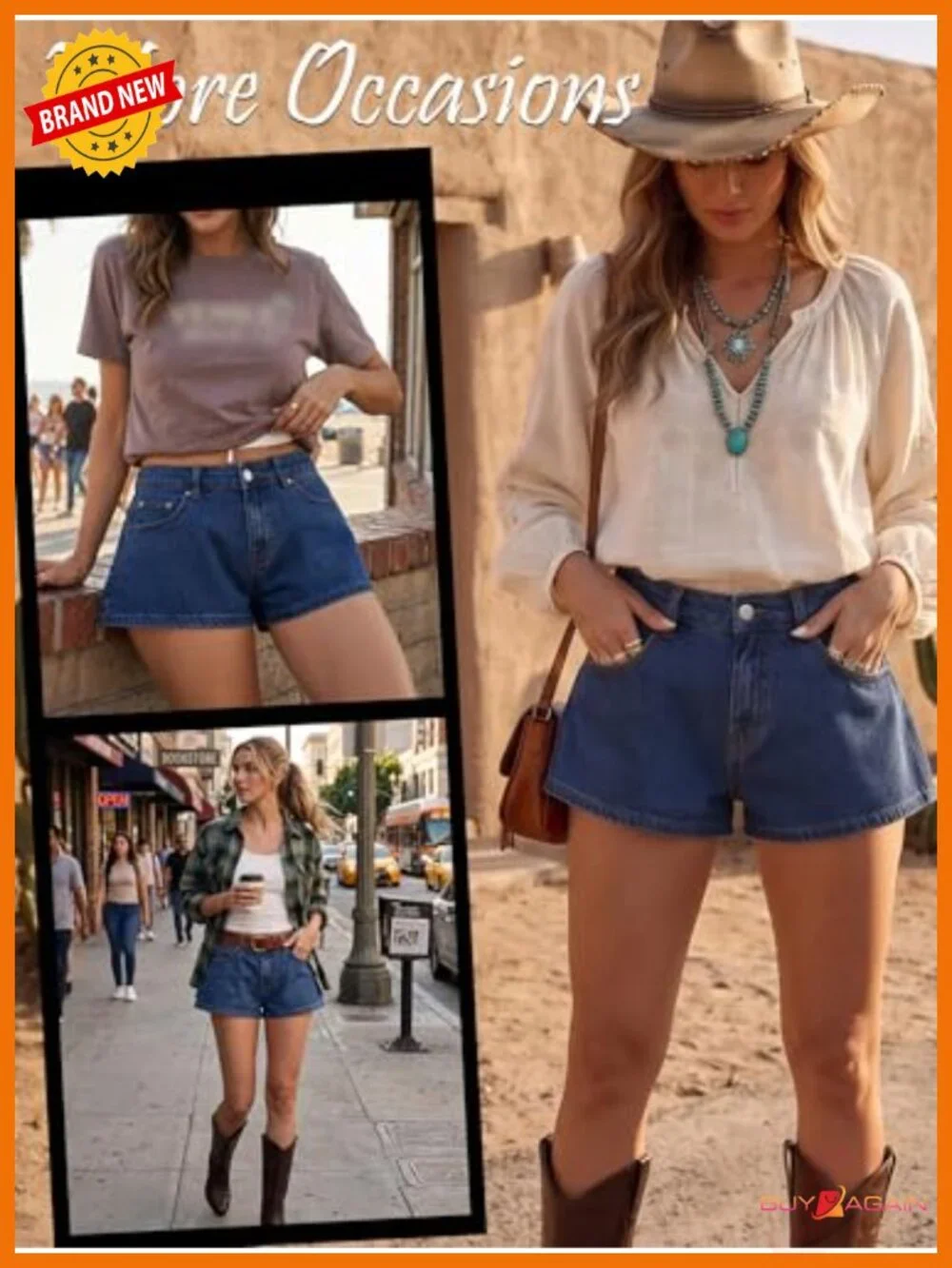 Low Rise Baggy Jean Shorts - High Stretch Denim Mini Jorts with Leather Patch